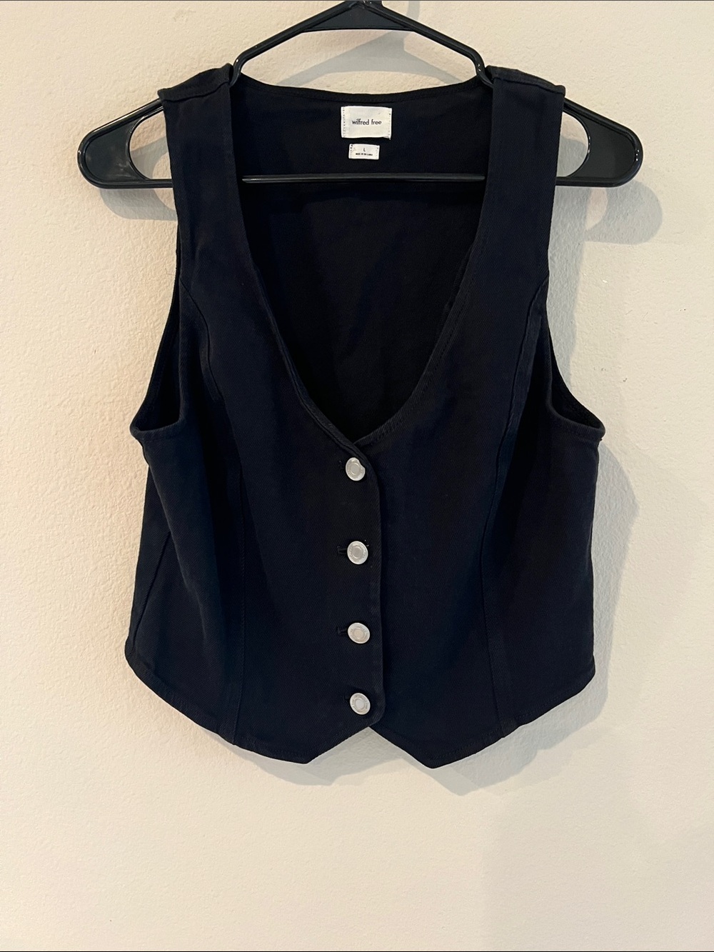 Aritzia Wilfred Free Black Denim Vest Womens L Cropped Button Front Waistcoat